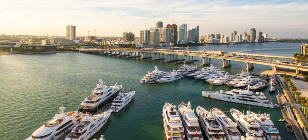 Aerial view of superyachts in port
