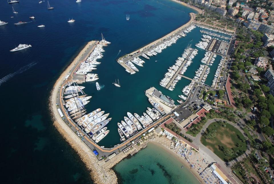 Aerial view of yachts in marina