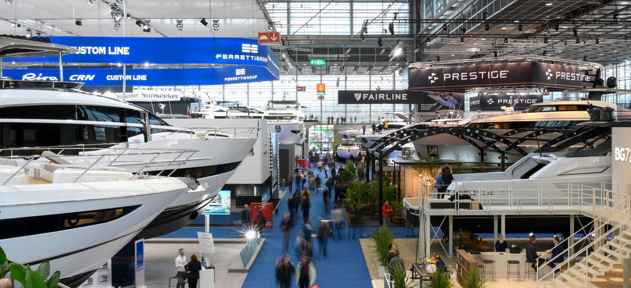 lineup of superyachts in the boot Dusseldorf international boat show 