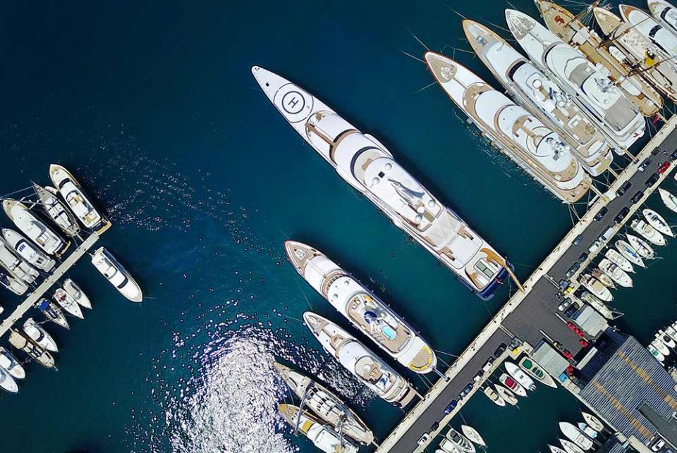 An aerial view of yachts in a berth