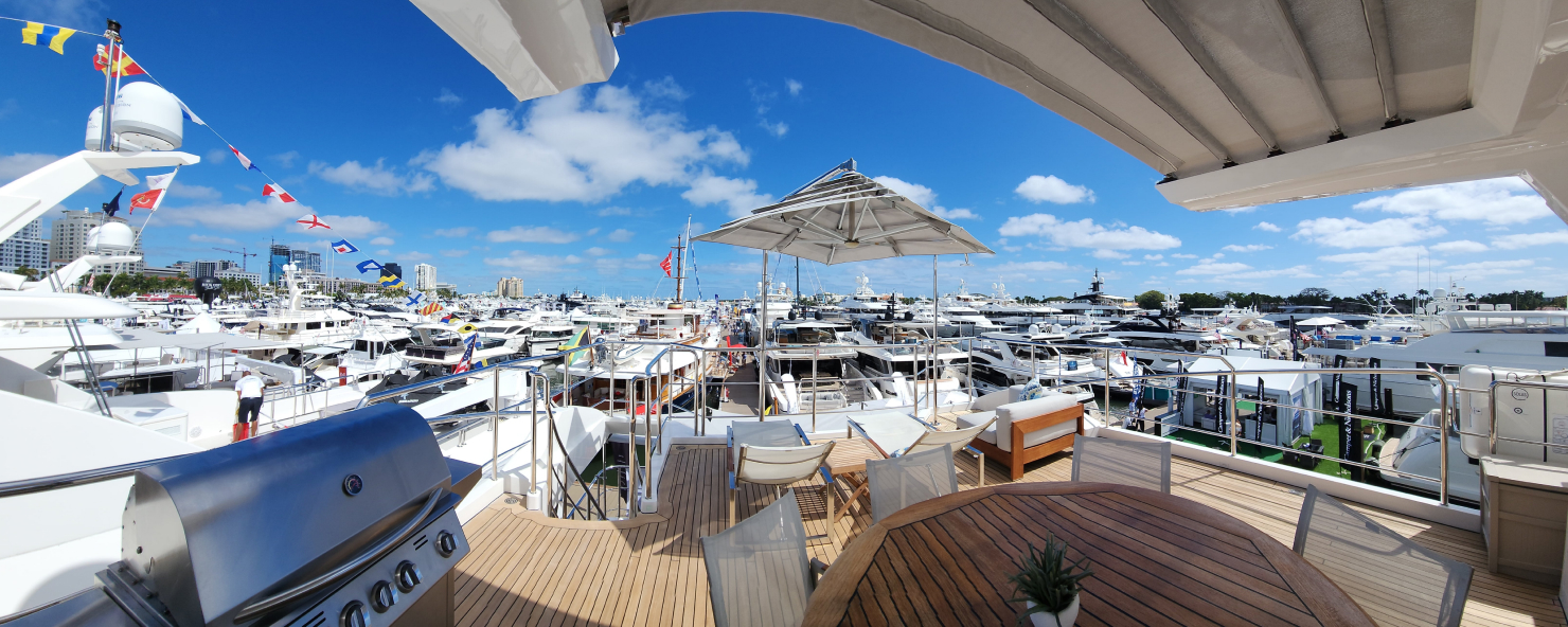 view of the palm beach international boat show from the aft deck of a superyacht 
