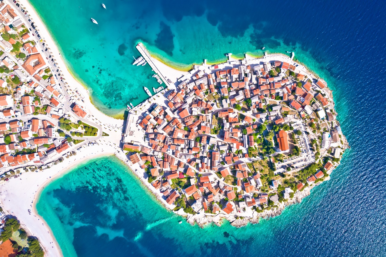 Adriatic tourist town of Primosten aerial panoramic archipelago